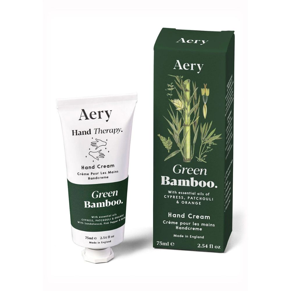 Aery Green Bamboo hand cream and packaging on a white background