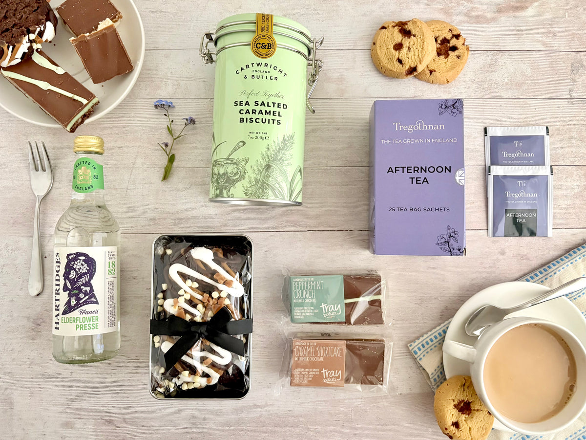 Afternoon Tea Treats Gift Hamper with English grown tea, Yorkshire made caramel biscuits, chocolate loaf cake, elderflower presse and peppermint crunch and caramel shortcake bars