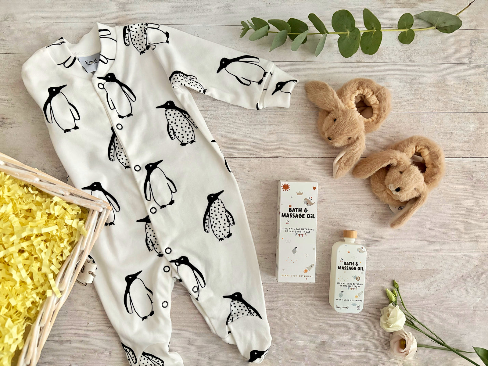 Bundle of Joy Baby Hamper with bunny slippers and sleepsuit and bath and massage oil