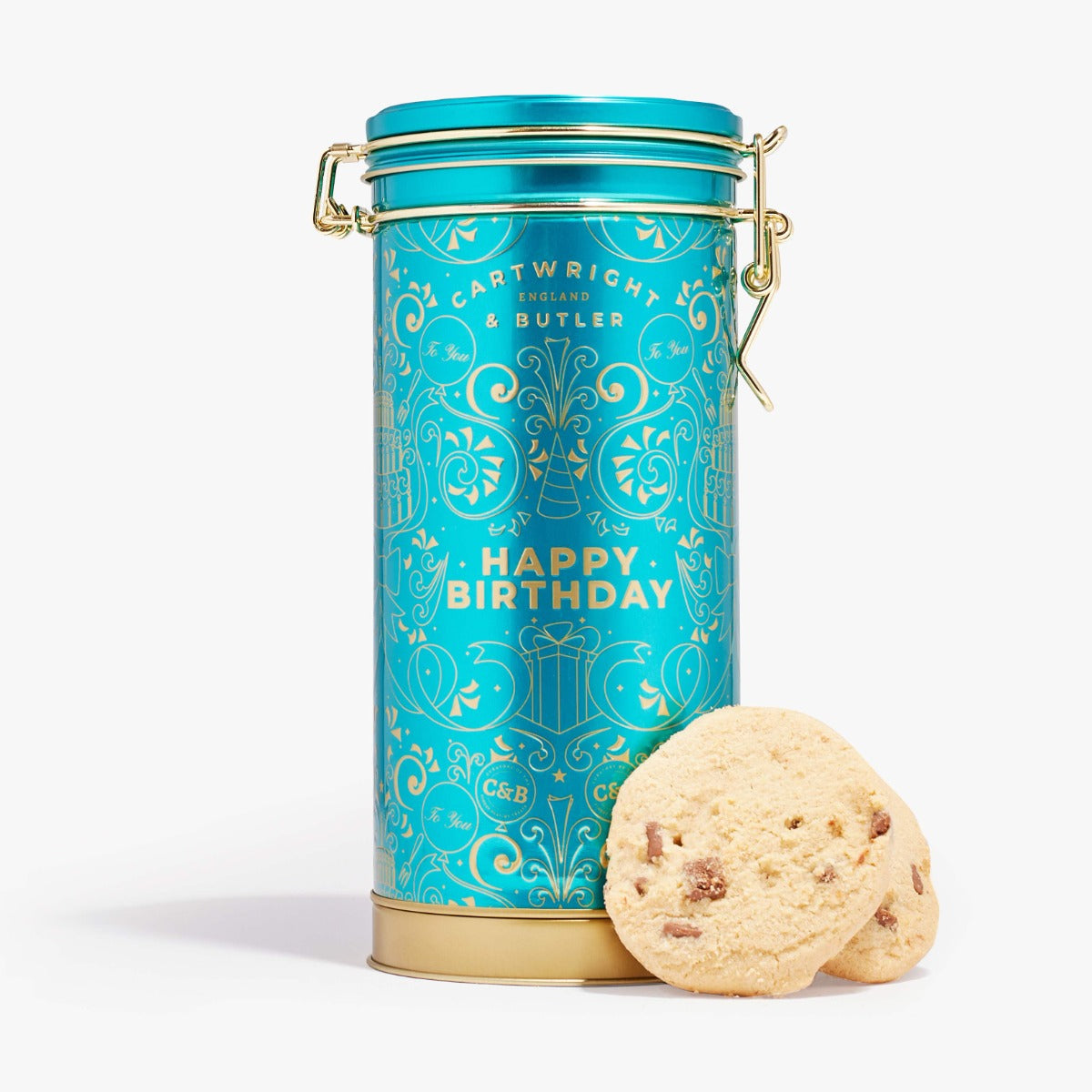 Cartwright & Butler 'Happy Birthday' cookie tin with a cookie on a white background