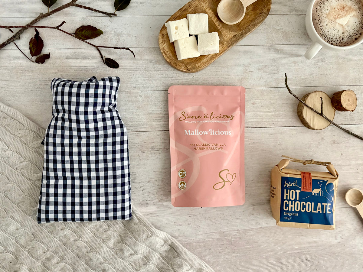 Comfort Care Package with Gingham Hot Water Bottle, hot chocolate and marshmallows