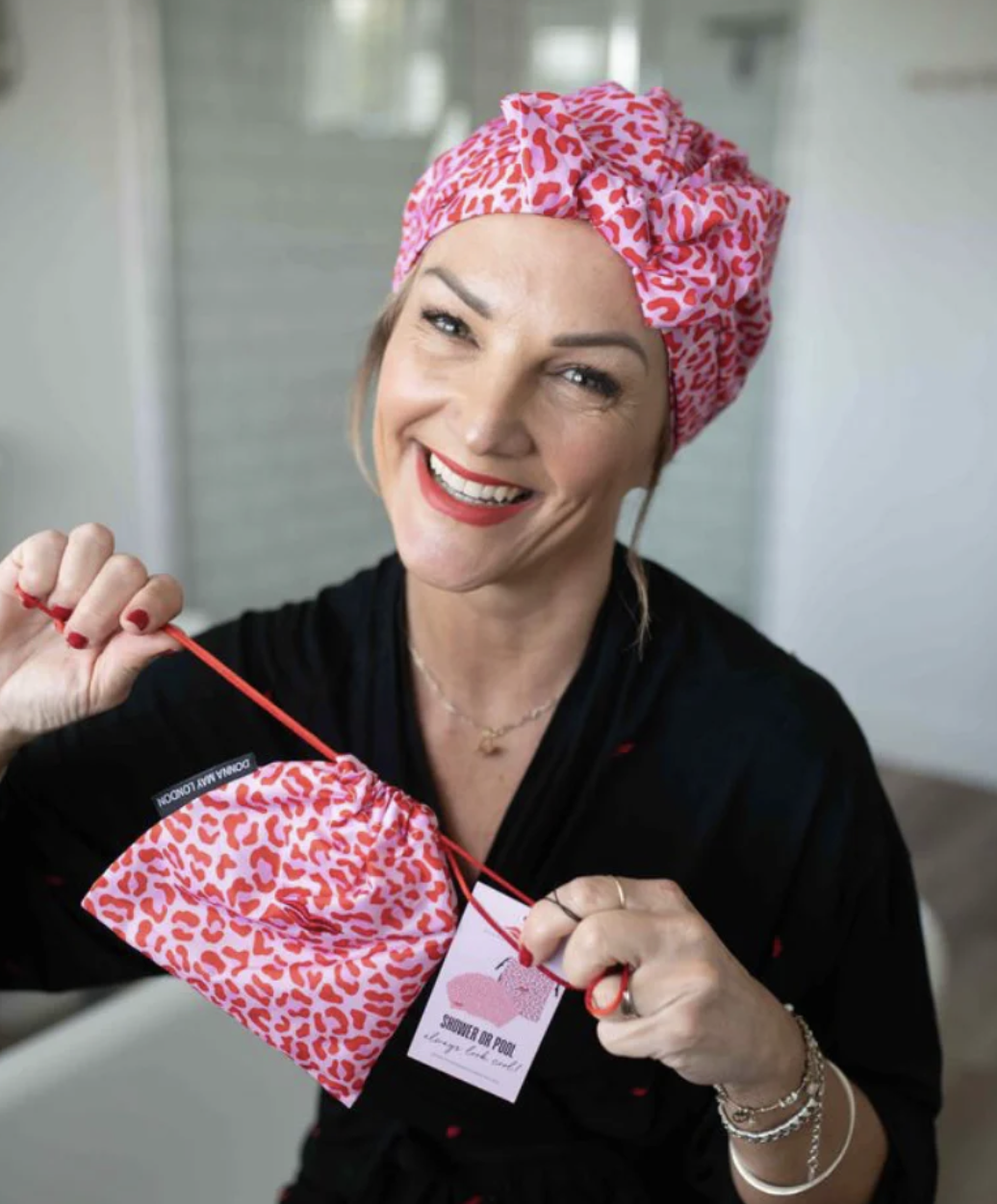 Red Leopard print shower cap with bow
