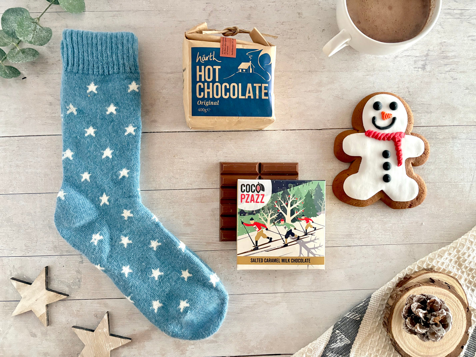Winter Frosty Nights Gift Package with Blue Star cosy socks, hot chocolate, snowman ginger biscuit and milk chocolate bar
