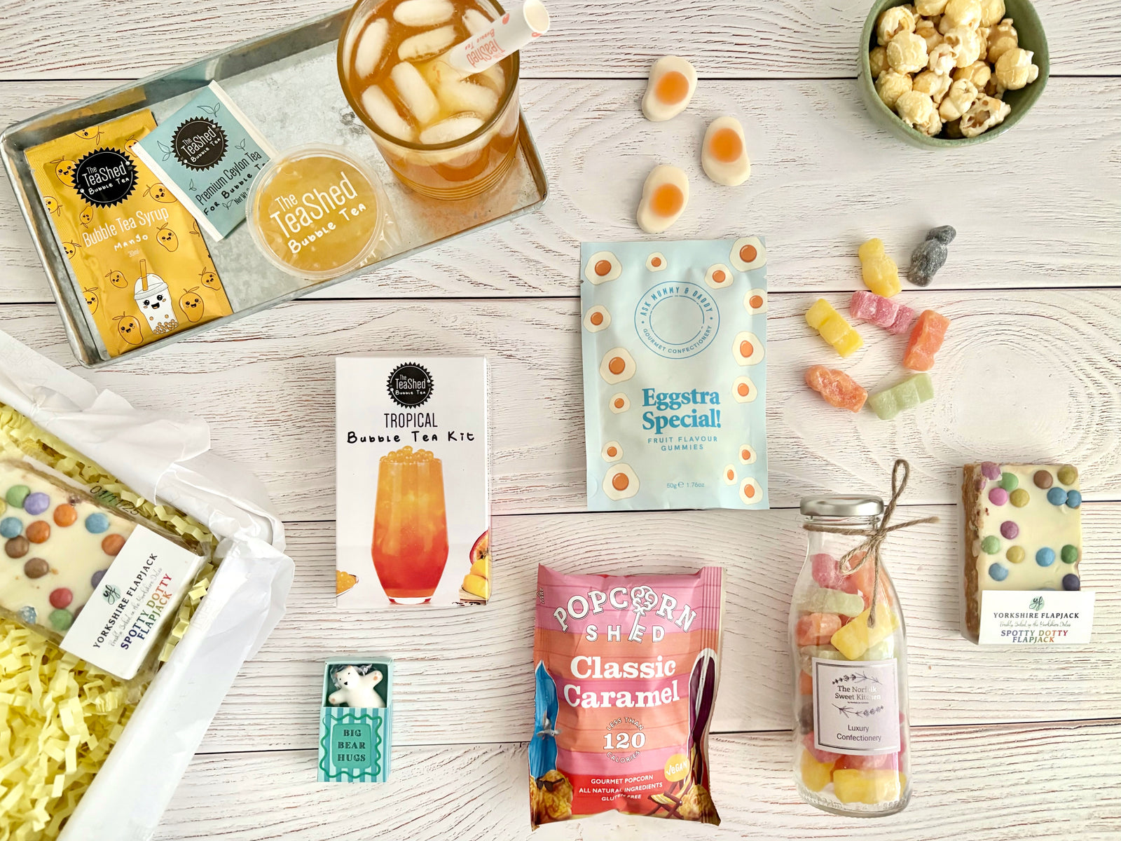 Happy Vibes Gift Hamper with bubble tea kit, popcorn, sweets, bear hug ceramic token, flapjack