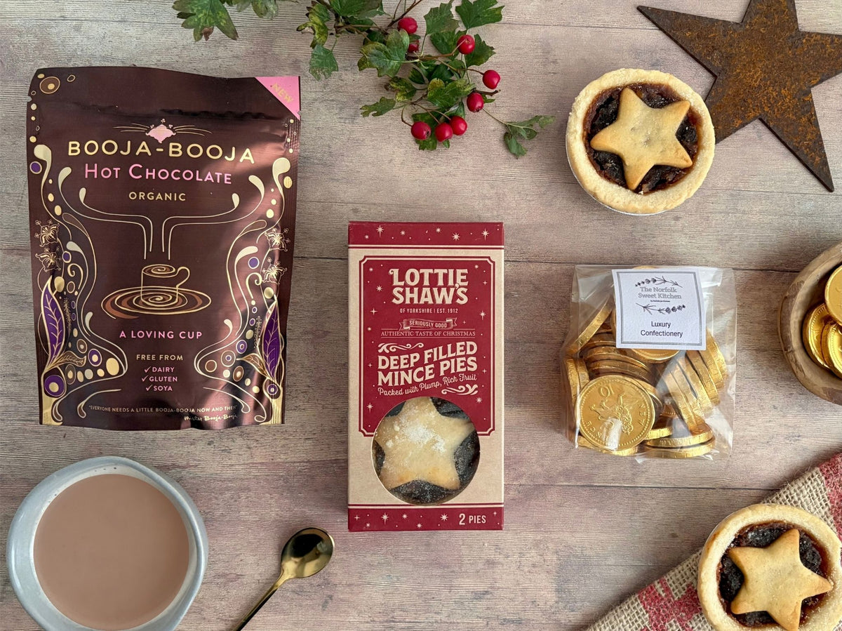 IzzyBee Gift Package Hot chocolate and mince pies Christmas gift hamper with Booja-Booja hot chocolate, Lottie Shaw mince pies and chocolate coins.