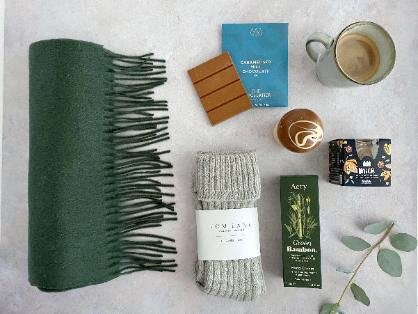 Hamper with Forest Green Scarf Grey Lounge Socks Hot Chocolate Bamboo Handcream Caramelised Choc Bar