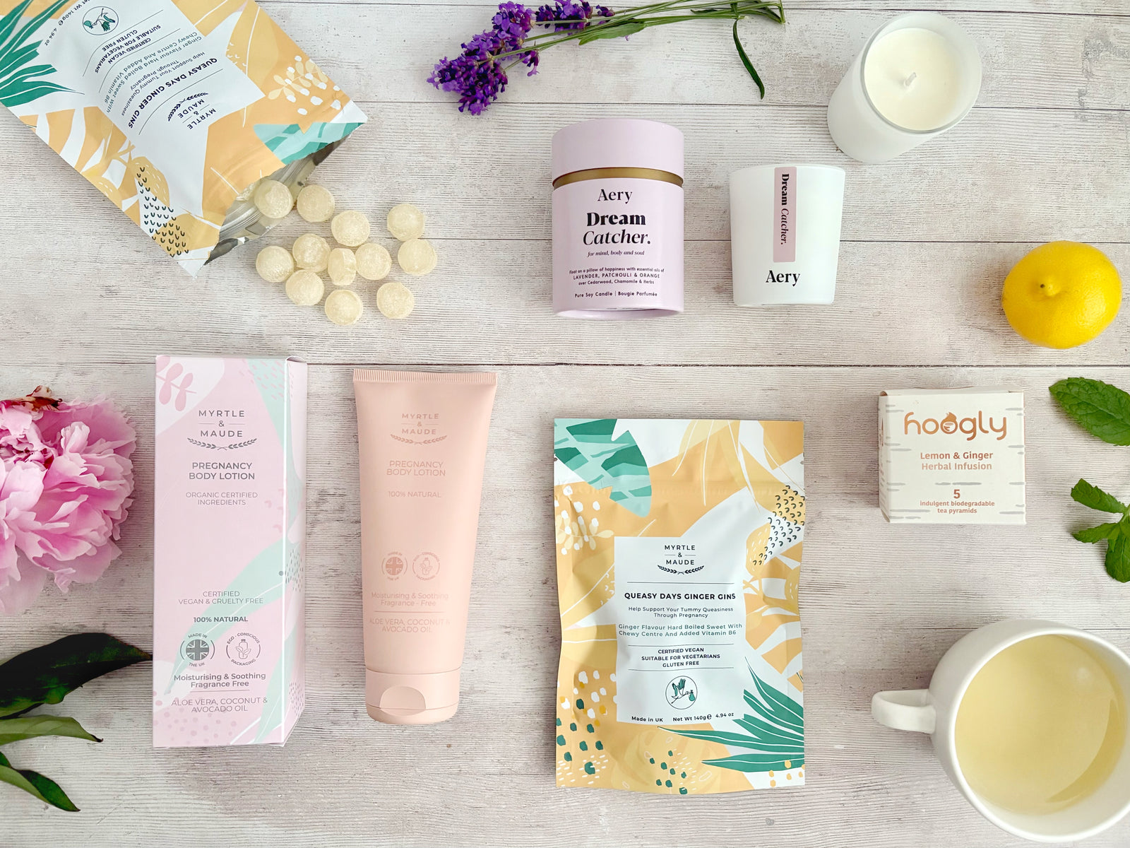 Pregnancy Care Package with Body Lotion Morning Sickness Ginger Sweets Candle and Herbal Tea