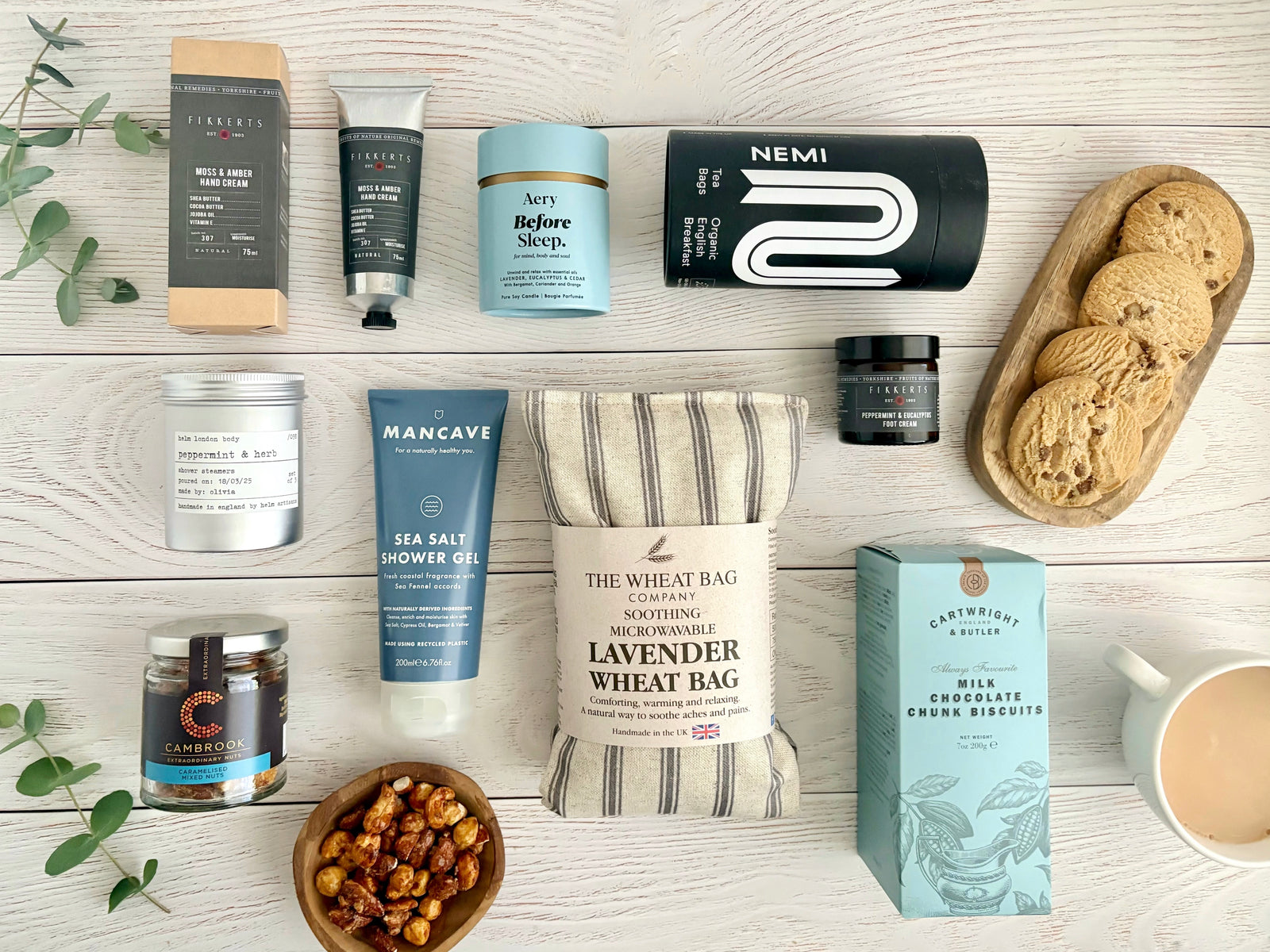 Recharge Refuel Men's Care Package with wheatbag shower gel shower steamers, footcream, handcream, candle tea biscuits nuts