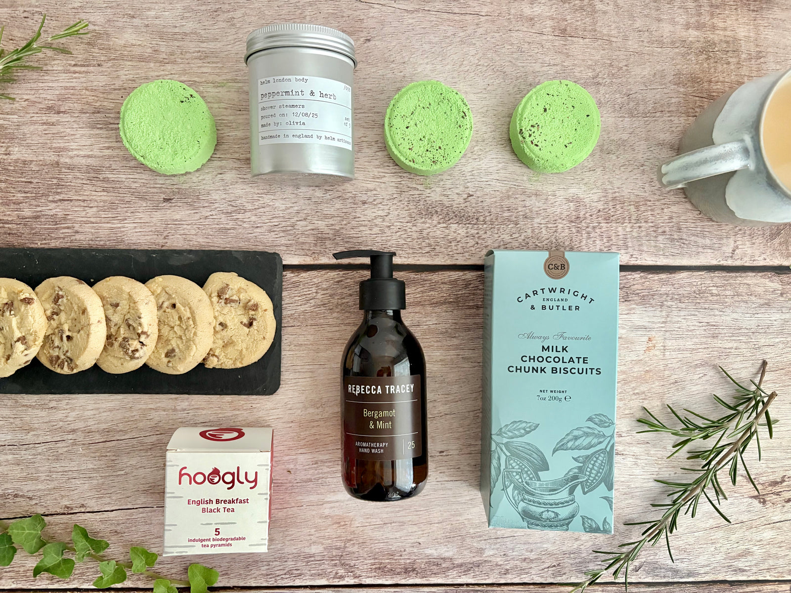 Reset Gender neutral care package gift set with chocolate ship biscuits,  tea, shower steamers and body wash