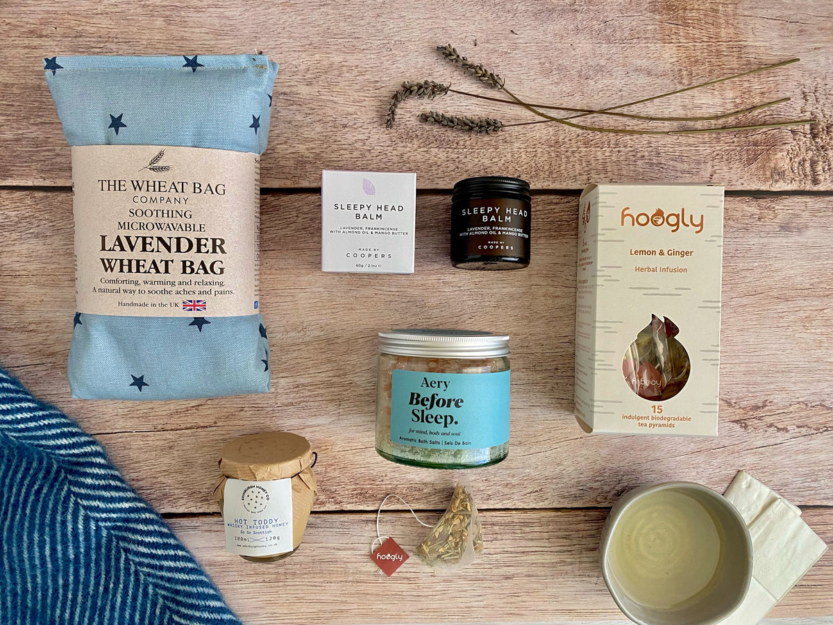 Speedy Recovery Wellness Hamper with lavender wheatbag, lemon &amp; ginger tea, bath salts, sleepy head lavender balm and hot toddy whiskey infused honey