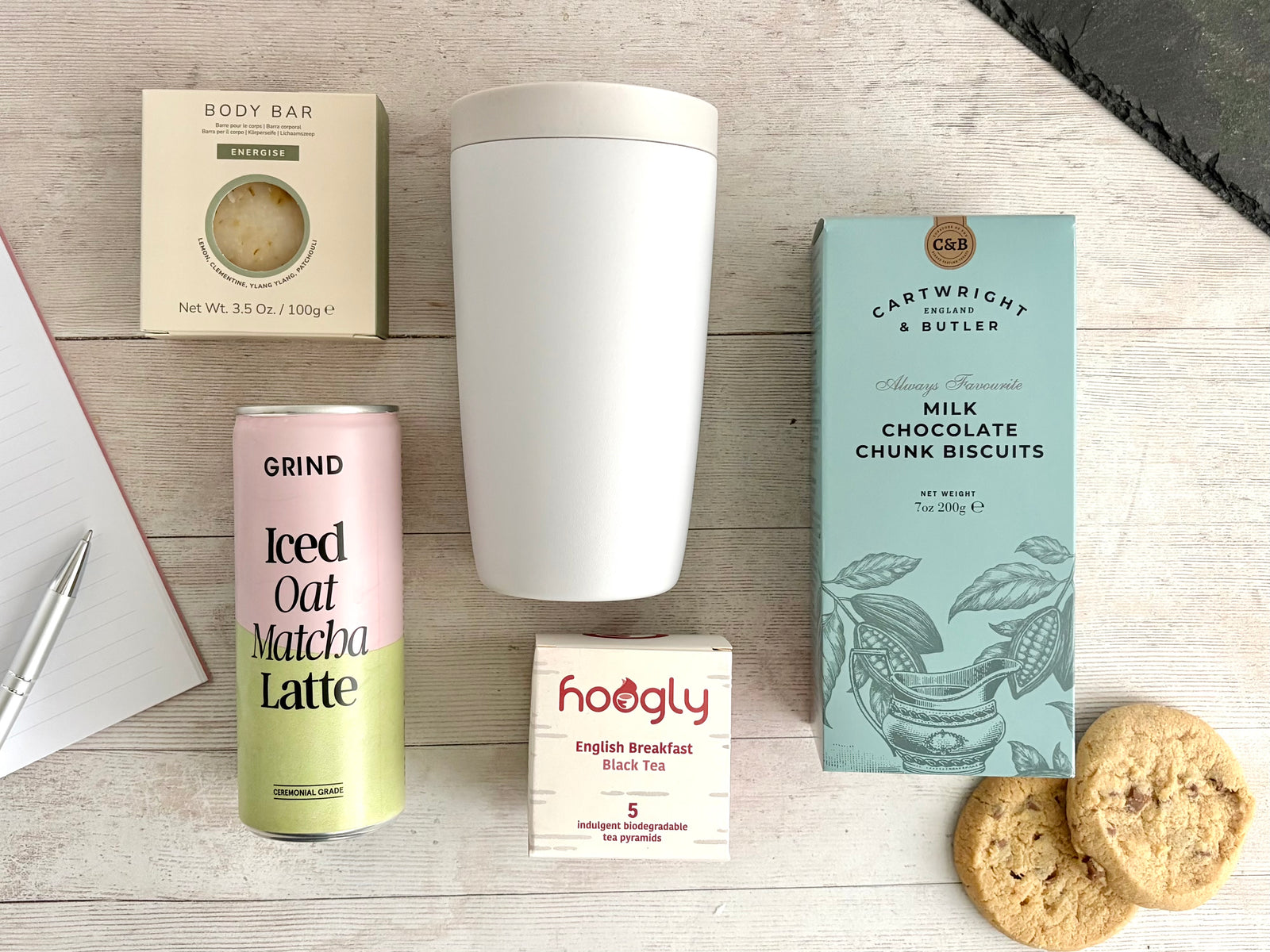 Study & exam care package gift with tea biscuits, travel mug, body bar, and matcha latte