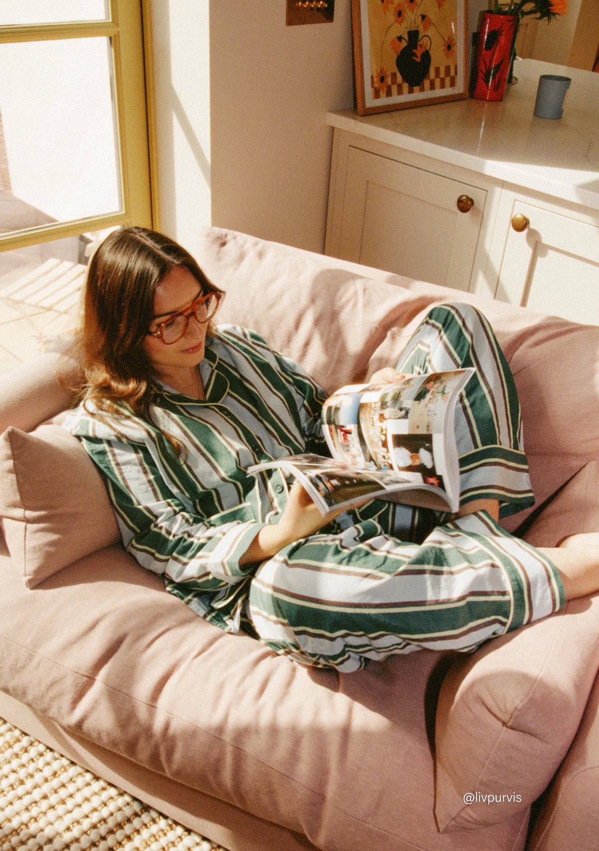 Green Stripe Cotton Ladies Pyjamas