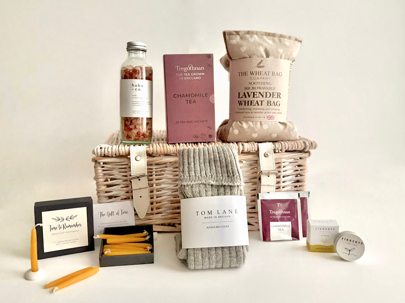 Luxury Bereavement Sympathy Care Package with comforting wheatbag, alpaca socks, candles, chamomile tea, bath salts and lip balm