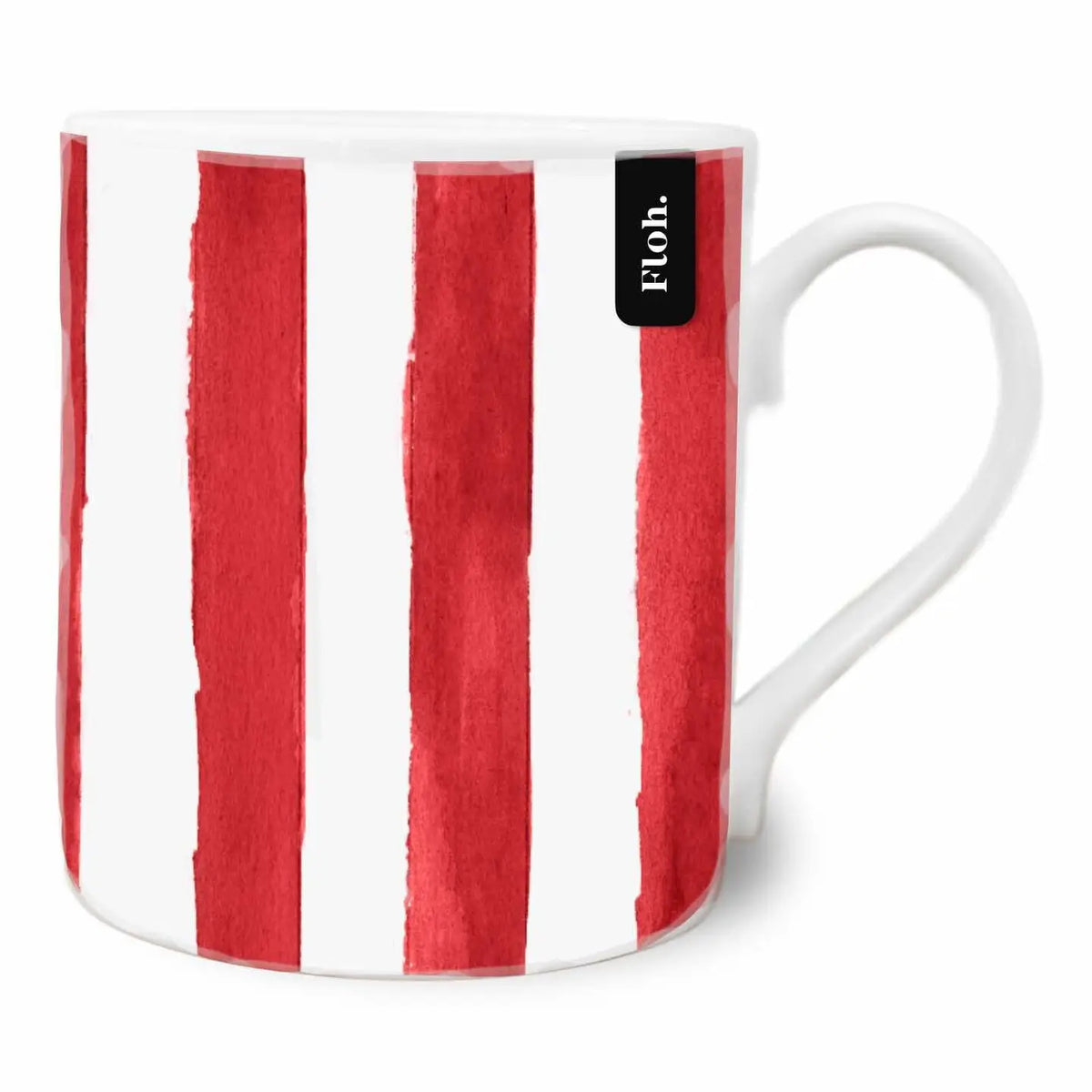 A white ceramic mug with vertical red watercolor stripes and a small black brand tag reading FLOH.