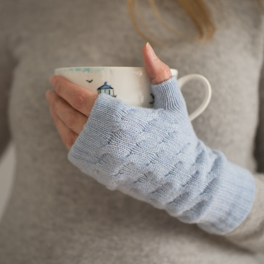 Cable knit cashmere blue handwarmers