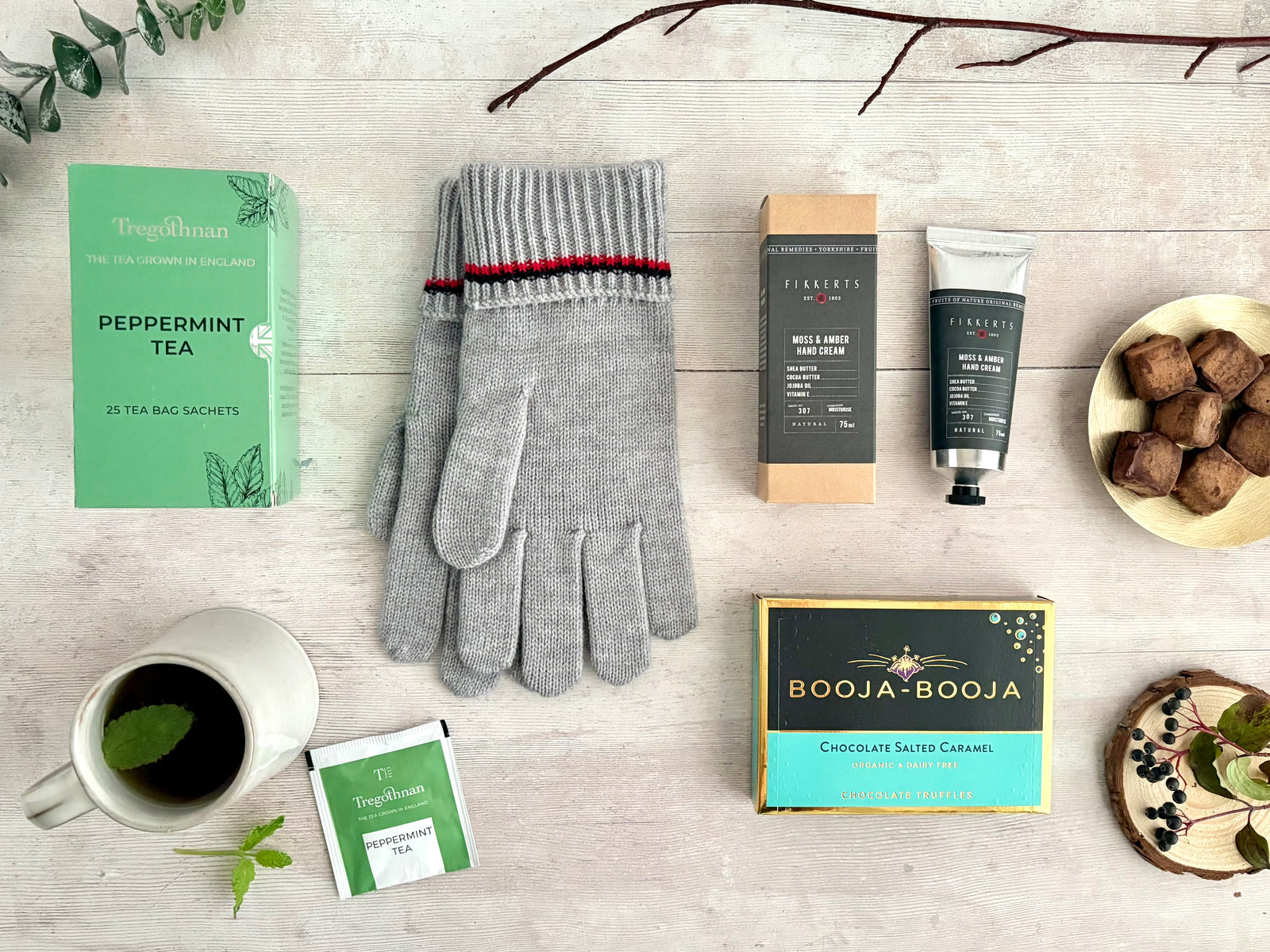 Cosy Winter Vegan Gift Hamper for men with Gloves, Tea, Chocolate Truffles, Hand Cream Mens
