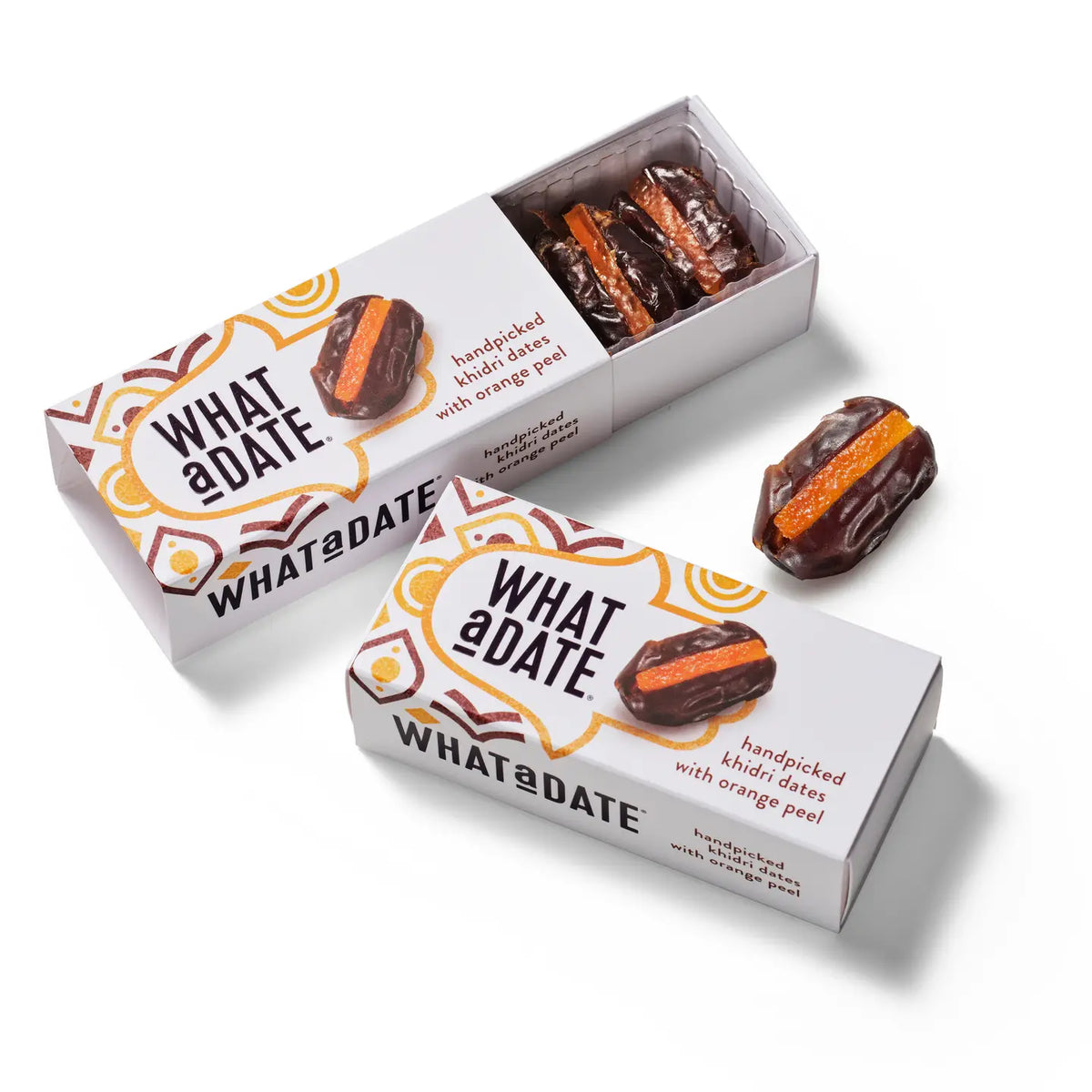 'What a Date' khidri dates stuffed with orange peel in presentation box on a white background